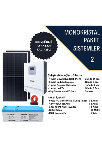 Lexron 600W*2 GÜNEŞ PANELİ 3KW MPPT AKILLI İNVERTER HAZIR TAK ÇALIŞTIR SOLAR PAKET SİSTEM