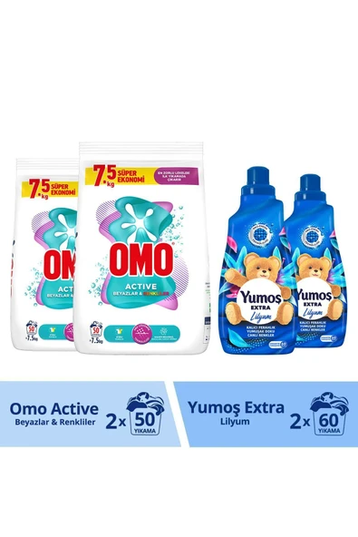 Omo Toz Deterjan 7.5 Kg X 2 Yumoş Lilyum Konsantre Çamaşır Yumuşatıcı 1440 ml 60 Yıkama X 2