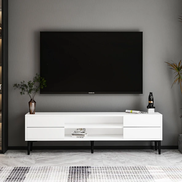 Aragon Modern TV Sehpası – 140 cm, 2 Kapaklı + 2 Açık Raflı, Beyaz - 2
