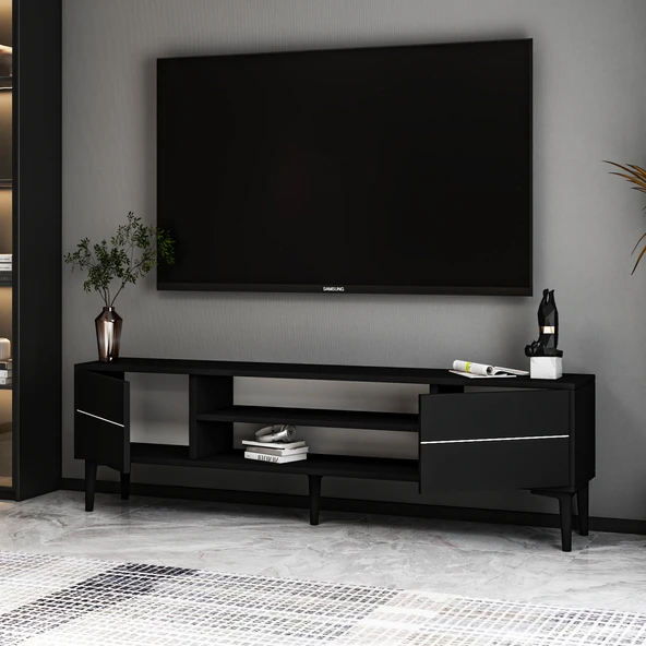 Aragon Modern TV Sehpası – 140 cm, 2 Kapaklı + 2 Açık Raflı, Siyah - 3