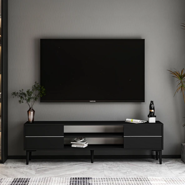 Aragon Modern TV Sehpası – 140 cm, 2 Kapaklı + 2 Açık Raflı, Siyah - 2