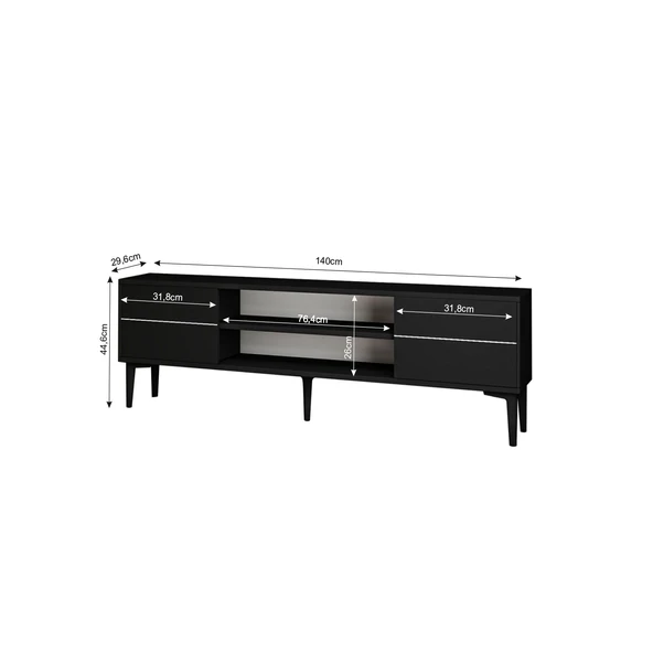 Aragon Modern TV Sehpası – 140 cm, 2 Kapaklı + 2 Açık Raflı, Siyah - 5