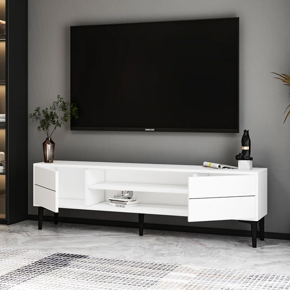 Aragon Modern TV Sehpası – 140 cm, 2 Kapaklı + 2 Açık Raflı, Beyaz - 3