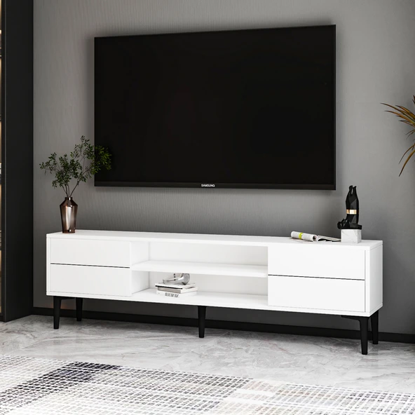 Aragon Modern TV Sehpası – 140 cm, 2 Kapaklı + 2 Açık Raflı, Beyaz - 4