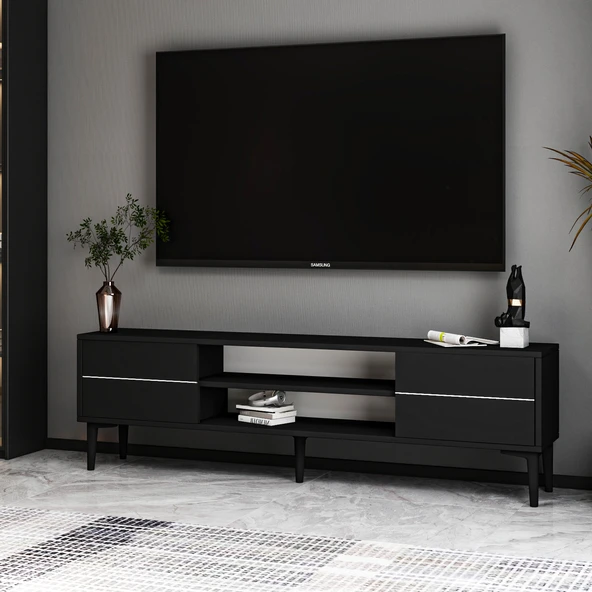 Aragon Modern TV Sehpası – 140 cm, 2 Kapaklı + 2 Açık Raflı, Siyah - 4
