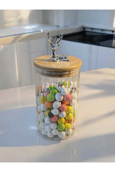 Yenigeldi (9x15 CM) 1 Adet Geyikli Cam Saklama Kavanozu Geyik Başı Gümüş Renk Hava Geçirmez Y-401