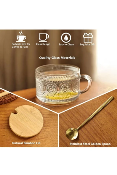 Yenigeldi 1 Adet 420 ml İrlanda Vintage Bambu Kapaklı ve Kaşıklı Kabartmalı Kahve Bardak, Tatlı Sunum Kupa - 2