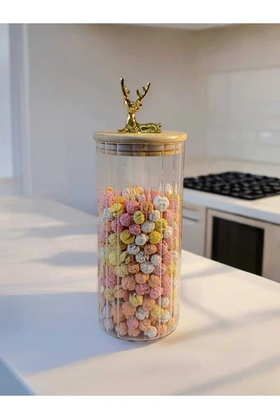 Yenigeldi (9x20 CM) 1 Adet Geyikli Cam Saklama Kavanozu Geyik Başı Altın Renk Hava Geçirmez Y-441