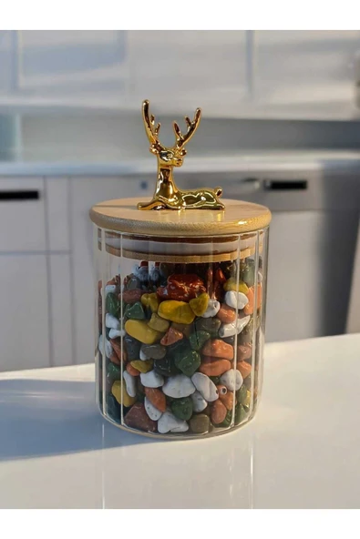 Yenigeldi (9x10 CM) 1 Adet Geyikli Cam Saklama Kavanozu Geyik Başı Altın Renk Hava Geçirmez Y-421