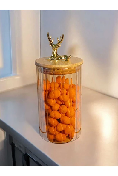 Yenigeldi (9x15 CM) 2 Adet Kehribar Renk Geyikli Cam Saklama Kavanozu Geyik Başı Altın Renk Y-492