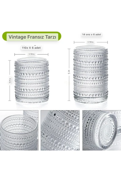 Yenigeldi 4 Adet y37 420 ml Vintage Hobnail Bardak Antika Boncuk Kabartmalı KahveViski - 3