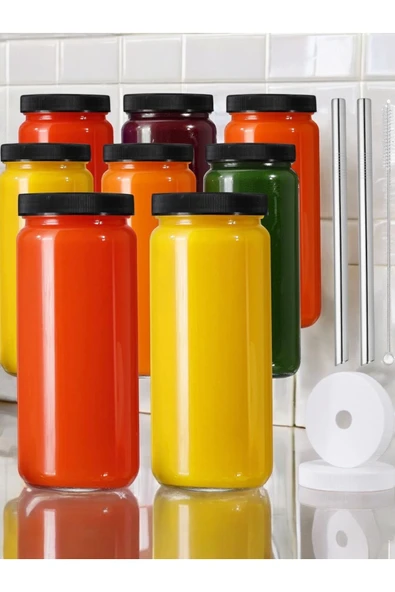 Yenigeldi 2 Adet 480ml ( 2 Pipet ,4 Kapak , 1 Fırça) Cam Bardak Meyve Suyu Kavanoz