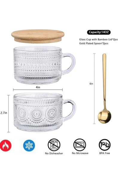 Yenigeldi 2 Adet 420 ml İrlanda Vintage  Bambu Kapaklı ve Kaşıklı Kabartmalı Kahve Bardak, Tatlı Sunum Kupa - 3