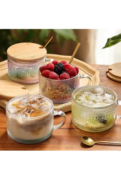 Yenigeldi 2 Adet 420 ml İrlanda Vintage  Bambu Kapaklı ve Kaşıklı Kabartmalı Kahve Bardak, Tatlı Sunum Kupa