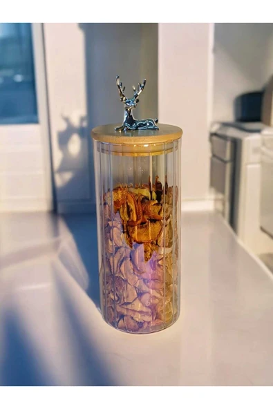 Yenigeldi (9x20 CM) 2 Adet Gökkuşağı Geyikli Cam Saklama Kavanozu Geyik Başı Gümüş Renk Hava Geçirmez Y-472