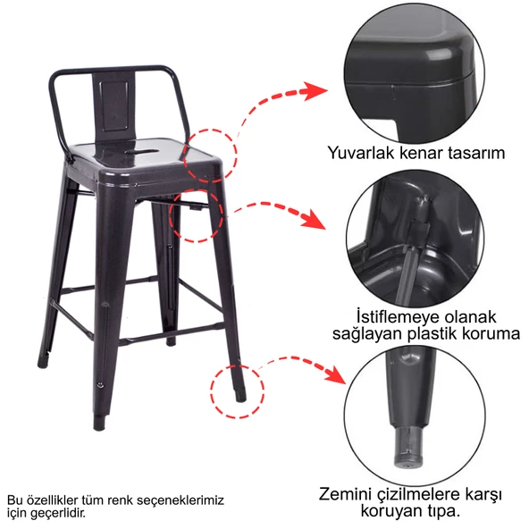 Tolix Sırtlı Yüksek Metal Tabure (2 Adet) - 10