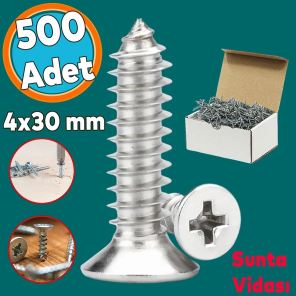 Sunta Vidası Sivri Uçlu Ahşap Tahta Ağaç Mobilya Ayak Kulp Vidası 4x30 Mm Paket 500 Adet
