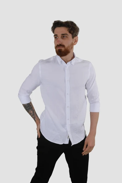 Erkek Pamuklu Dokuma Relax Fit Yazlık Gömlek G5033-BEYAZ