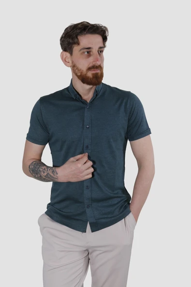 Erkek Kısa Kollu Nefes Alabilen Yazlık Pamuklu Slim Fit Gömlek 2910-G-MİNT
