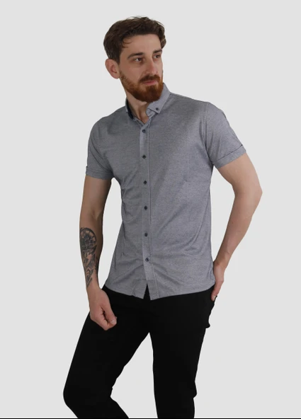 Erkek Kısa Kollu Nefes Alabilen Yazlık Pamuklu Slim Fit Gömlek 2910-G-LACİ MELANJ