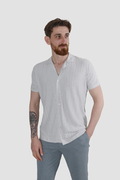 Erkek Pamuklu Apaçi Yaka Dokuma Slim Fit Yazlık Gömlek 3201-G-TAŞ