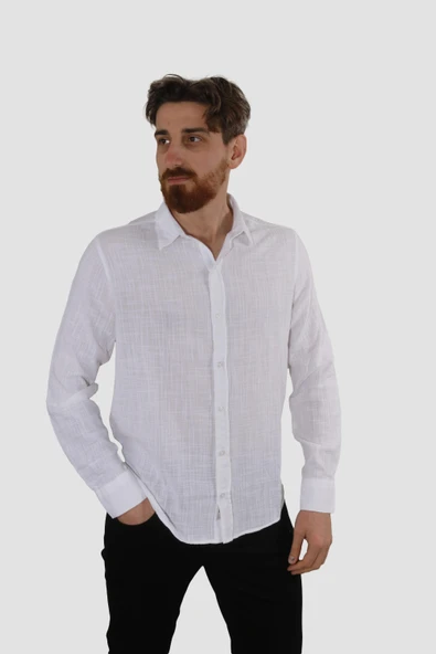 Erkek Relax Fit Pamuk Dokuma Yazlık Gömlek G5005-BEYAZ