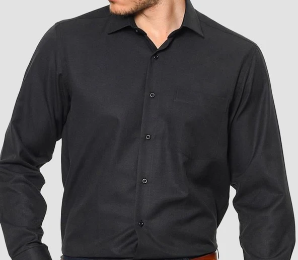 Erkek Uzun Kollu Kolay Ütülenebilir Cepli Pamuklu Regular Fit Gömlek-SİYAH