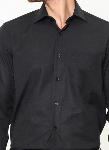 Erkek Uzun Kollu Kolay Ütülenebilir Cepli Pamuklu Regular Fit Gömlek-SİYAH - 2