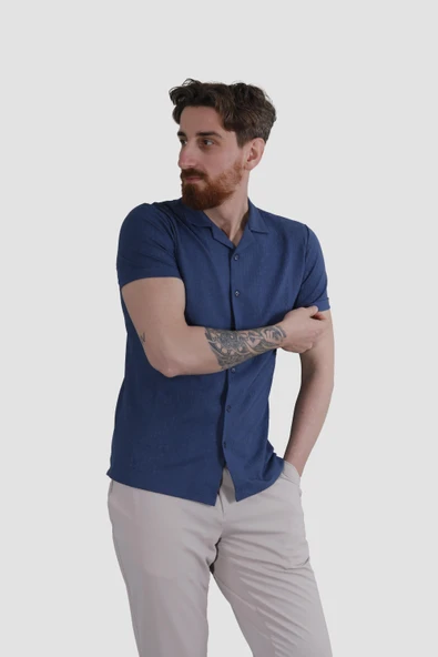 Erkek Jakarlı Apaçi Yaka Pamuklu Slim Fit Yazlık Gömlek 2545-LACİVERT - 2