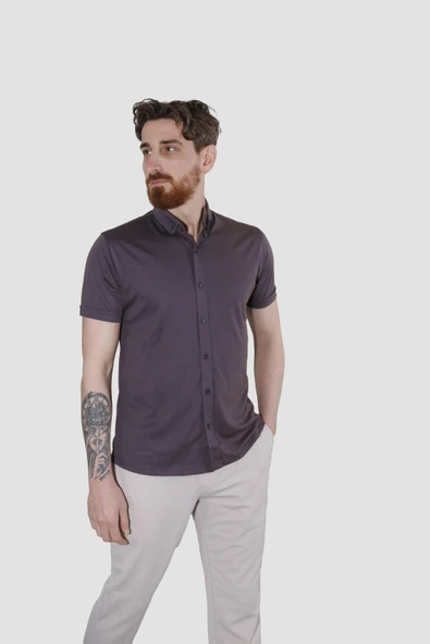 Erkek Kısa Kollu Nefes Alabilen Yazlık Pamuklu Slim Fit Gömlek 2910-G-KOYU BORDO
