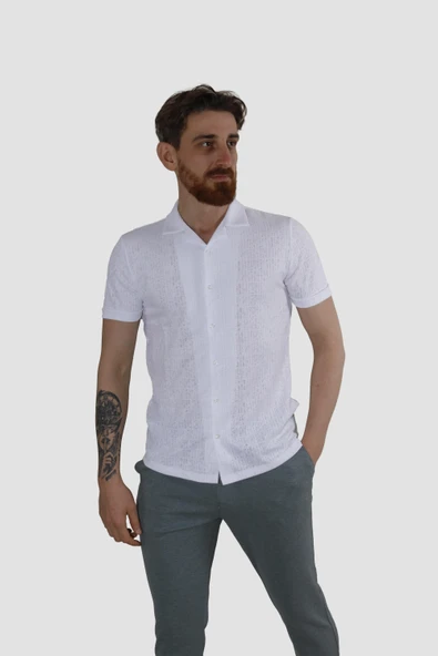 Erkek Jakarlı Apaçi Yaka Pamuklu Slim Fit Yazlık Gömlek 2545-BEYAZ - 2