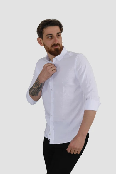Erkek Pamuklu Dokuma Relax Fit Yazlık Gömlek G5033-BEYAZ - 2
