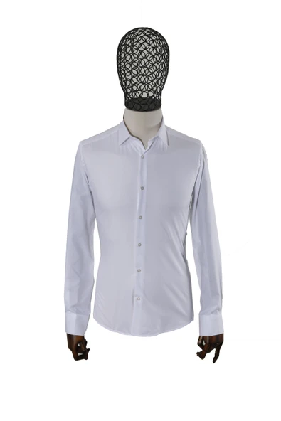 Erkek Uzun Kollu Kolay Ütülenebilir Pamuklu Slim Fit Gömlek 1000-BEYAZ - 2