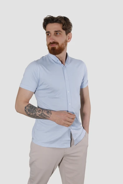 Erkek Kısa Kollu Nefes Alabilen Yazlık Pamuklu Slim Fit Gömlek 2910-G-MAVİ - 2