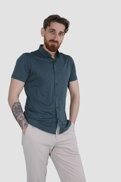Erkek Kısa Kollu Nefes Alabilen Yazlık Pamuklu Slim Fit Gömlek 2910-G-MİNT - 2