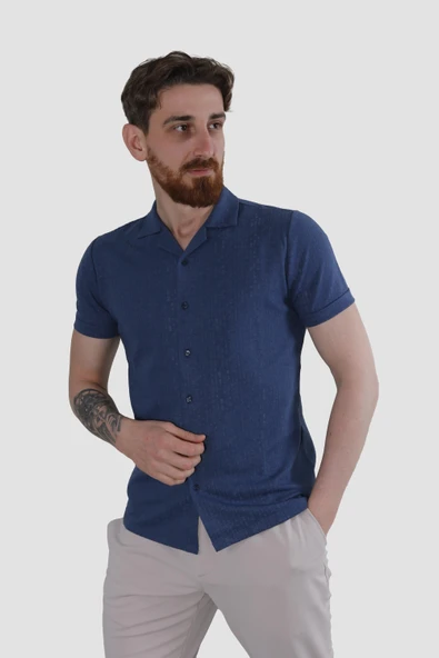 Erkek Jakarlı Apaçi Yaka Pamuklu Slim Fit Yazlık Gömlek 2545-LACİVERT