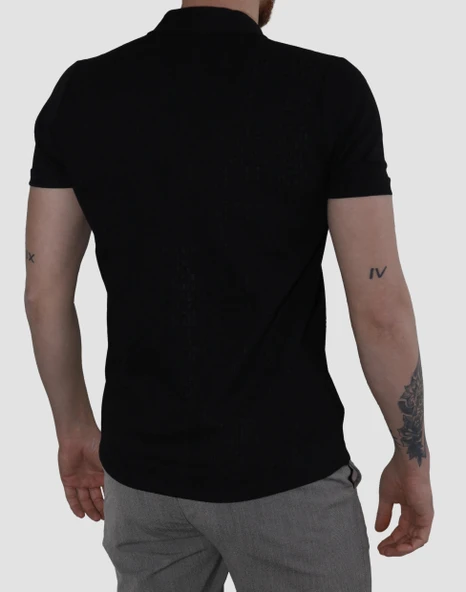 Erkek Jakarlı Apaçi Yaka Pamuklu Slim Fit Yazlık Gömlek 2545-SİYAH - 3