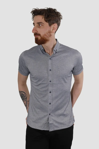 Erkek Kısa Kollu Nefes Alabilen Yazlık Pamuklu Slim Fit Gömlek 2910-G-LACİ MELANJ - 2