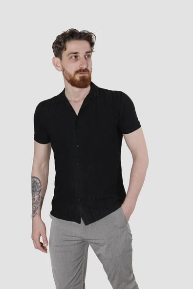 Erkek Pamuklu Apaçi Yaka Dokuma Slim Fit Yazlık Gömlek 3201-G-SİYAH