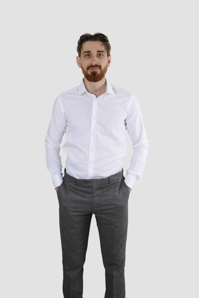 Erkek Uzun Kollu Kolay Ütülenebilir Pamuklu Slim Fit Gömlek 1000-BEYAZ