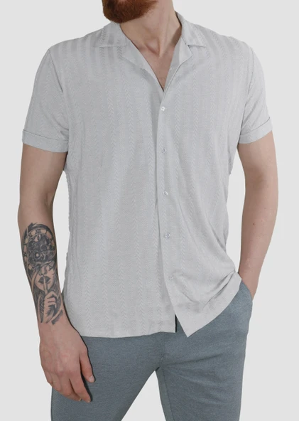 Erkek Pamuklu Apaçi Yaka Dokuma Slim Fit Yazlık Gömlek 3201-G-TAŞ - 2