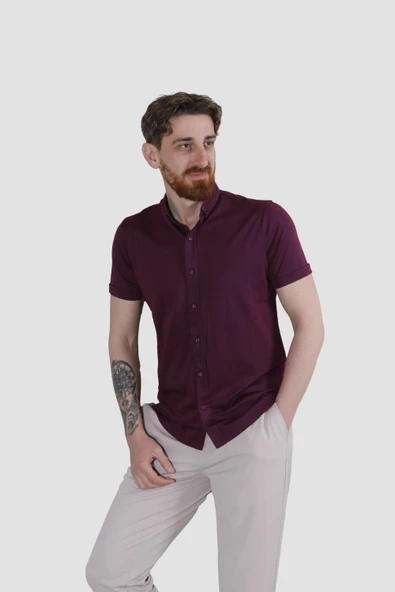 Erkek Kısa Kollu Nefes Alabilen Yazlık Pamuklu Slim Fit Gömlek 2910-G-BORDO