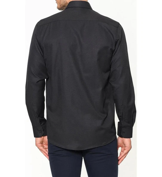 Erkek Uzun Kollu Kolay Ütülenebilir Cepli Pamuklu Regular Fit Gömlek-SİYAH - 3