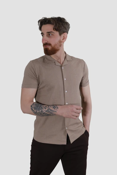Erkek Jakarlı Apaçi Yaka Pamuklu Slim Fit Yazlık Gömlek 2545-VİZON