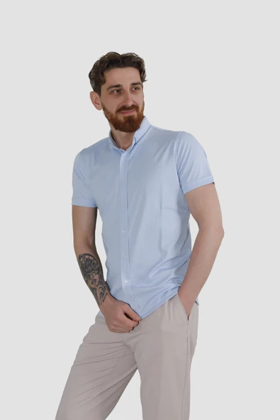 Erkek Kısa Kollu Nefes Alabilen Yazlık Pamuklu Slim Fit Gömlek 2910-G-MAVİ