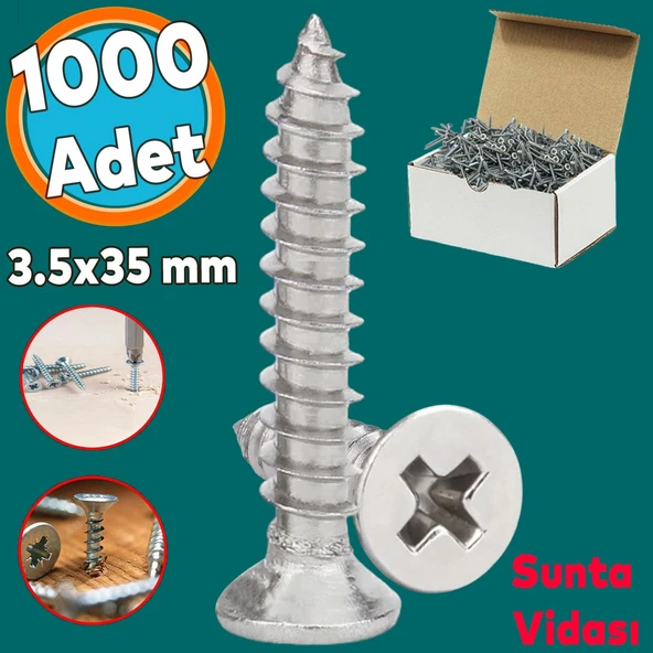Sunta Vidası Sivri Uçlu Ahşap Tahta Ağaç Mobilya Ayak Kulp Vidası  3.5x35 Mm Paket 1000 Adet
