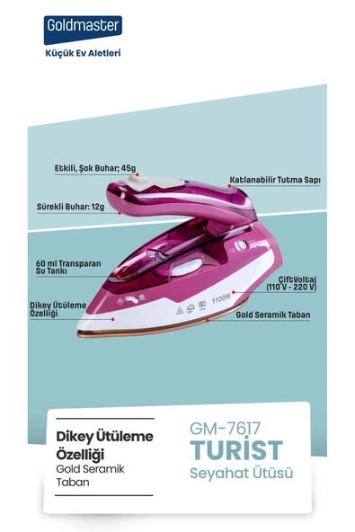 GOLDMASTER Turist Seramik Tabanlı Etkili Şok Buharlı Katlanabilir Seyahat Ütüsü - 6