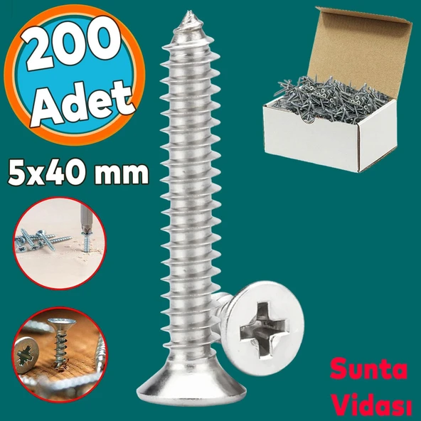 Sunta Vidası Sivri Uçlu Ahşap Tahta Ağaç Mobilya Ayak Kulp Vidası 5x40 Mm Paket 200 Adet