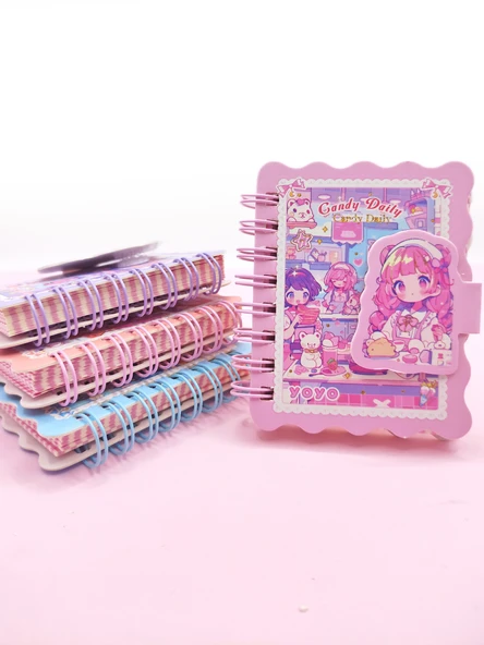 Candy Sevimli Kız Cırtlı Cep Boy Mini Not Defteri (7x8 cm) - Pembe