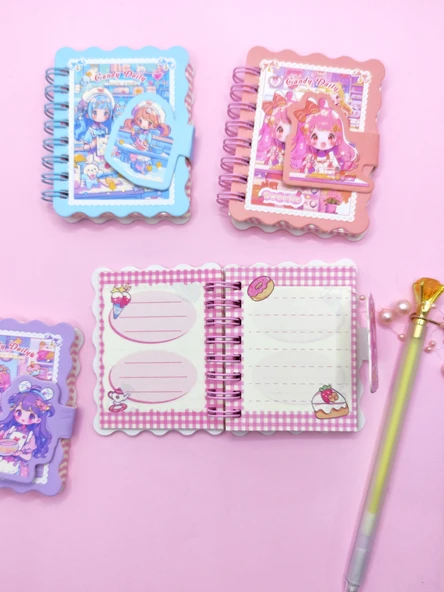 Candy Sevimli Kız Cırtlı Cep Boy Mini Not Defteri (7x8 cm) - Pembe - 4